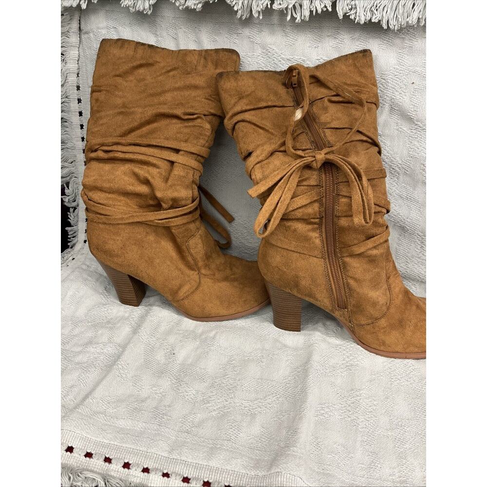 Lower East Side Tan Faux Suede Boots Size Women's 8 Mid Calf Need Heel Bottoms